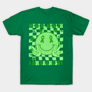 Mental Health Awareness Smile Face Checkered Green Ribbon T-Shirt